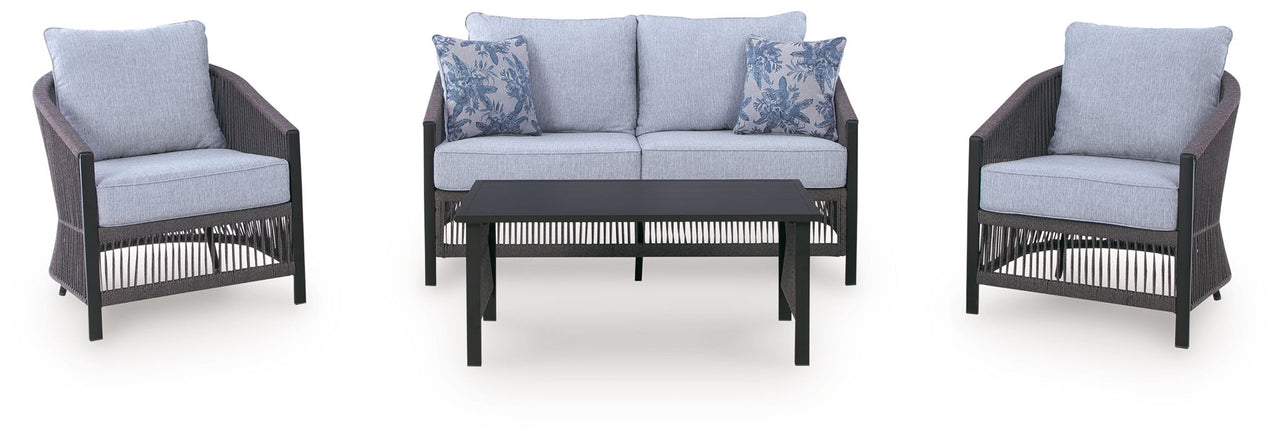 Bridges Beach - Loveseat, Lounge Chairs, Table Set (Set of 4) - Gray