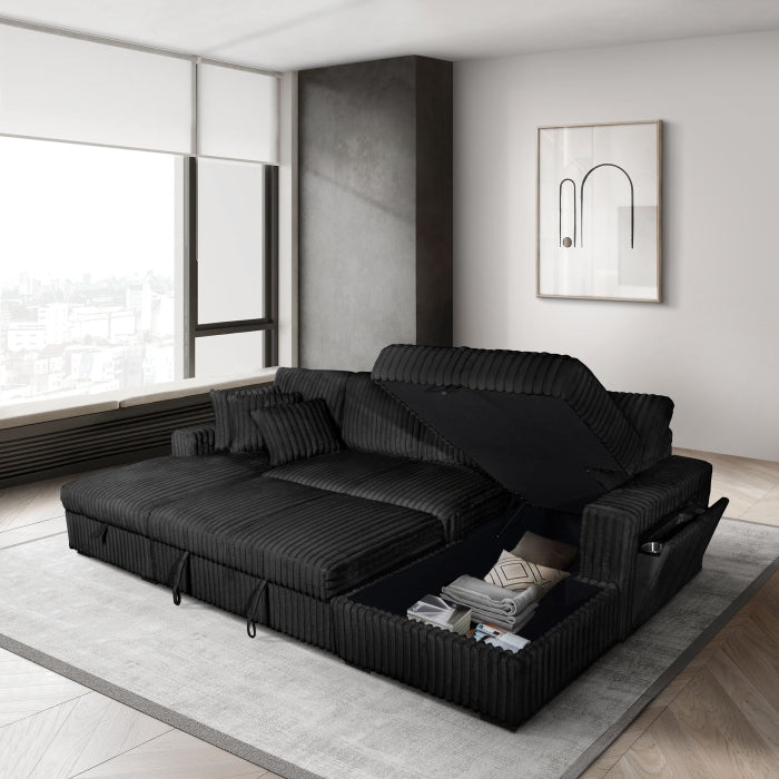 8280 BLACK Corduroy U-Shaped Pull Out Sectional Sofa w/ Storage Chaises w/ USB + Pillows