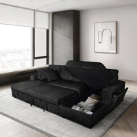 8280 BLACK Corduroy U-Shaped Pull Out Sectional Sofa w/ Storage Chaises w/ USB + Pillows